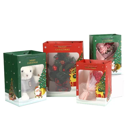 Saco de embalagem de presente de papel de natal personalizado com janela transparente saco de papel promocional saco de compras saco de papel kraft saco de papel reciclável com impressão de logotipo